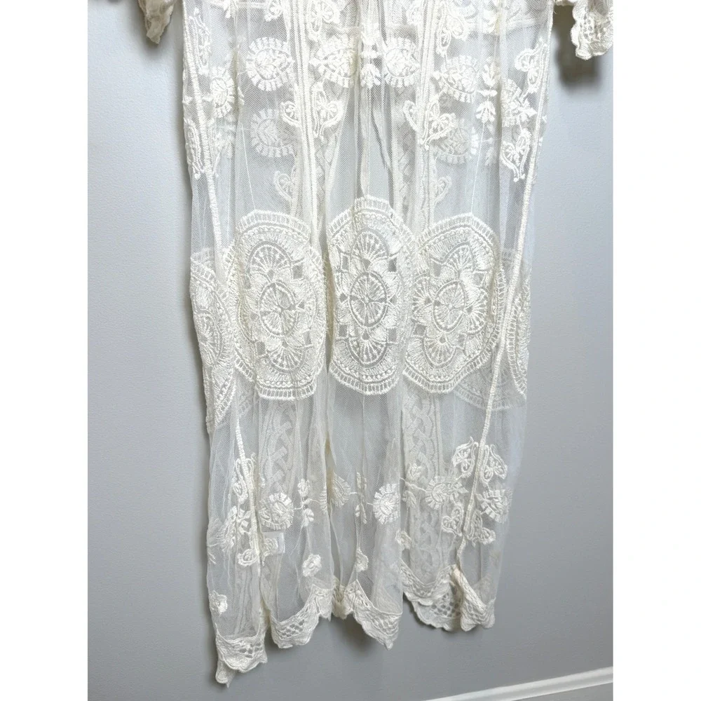 Rebellion Again Long Sheer Duster Cardigan Lace Crochet Romantic White Cream L‎
